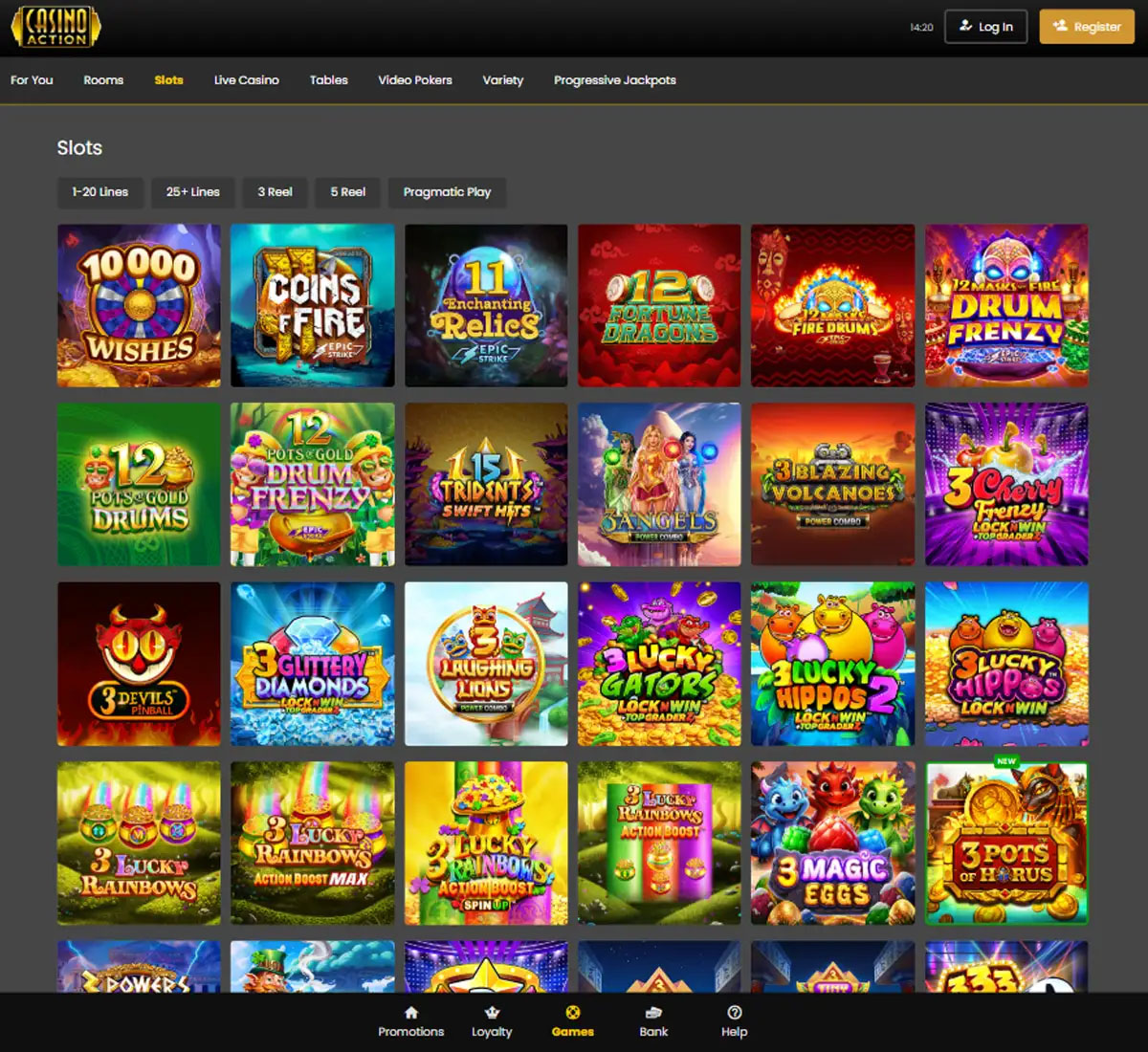 Casino Action slots variety review screenshot showing diverse slot game selection with categories, featured titles and game thumbnails on desktop interface - tested
