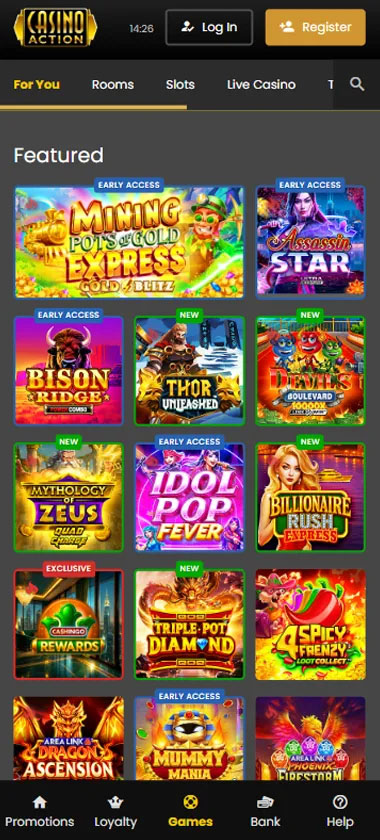 Casino Action mobile homepage screenshot showing slot game library with featured titles, categories and navigation on smartphone interface - tested