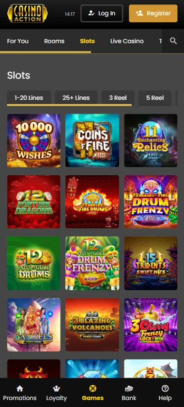 Casino Action mobile slots screenshot showing slot game library with featured titles, categories and navigation on smartphone interface - tested