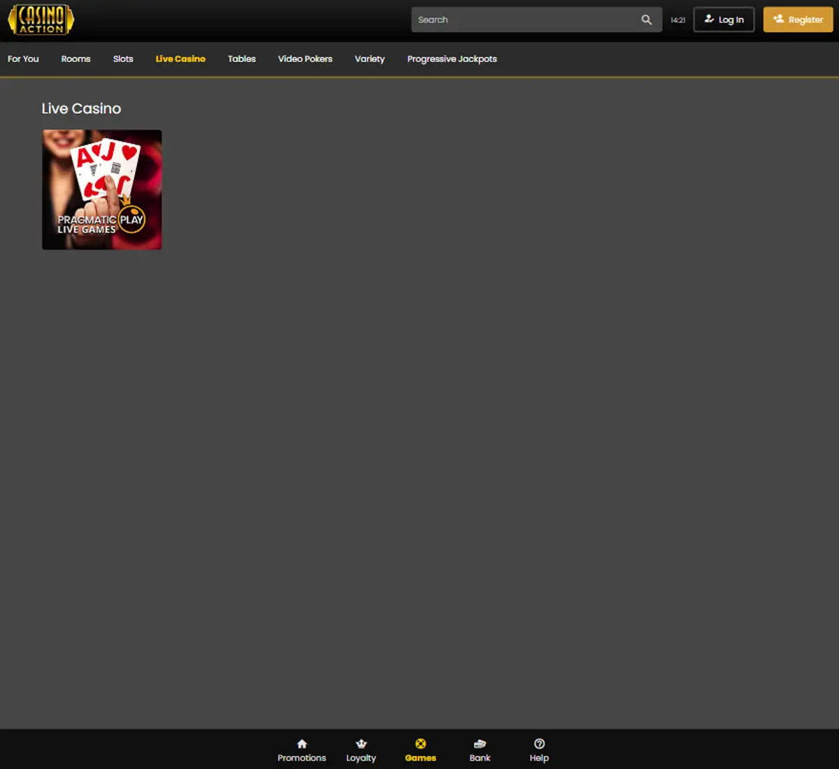 Casino Action live casino games collection review screenshot displaying live dealer tables, game selection and categories within the live casino lobby - tested