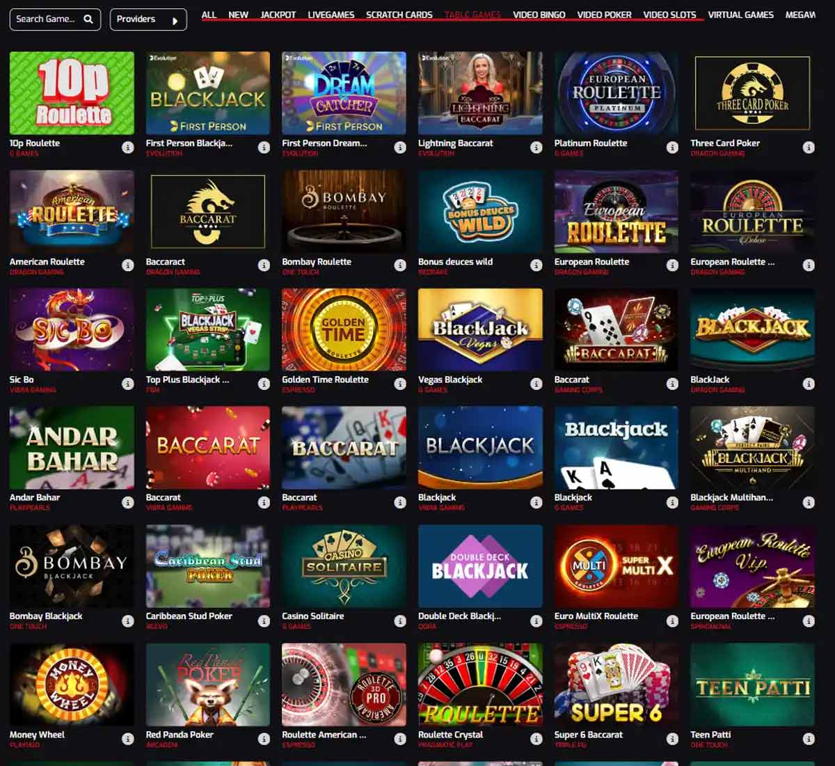 Royal Stars Casino desktop table games screenshot displaying blackjack, roulette, and other table game options with categories and game thumbnails on widescreen interface - tested