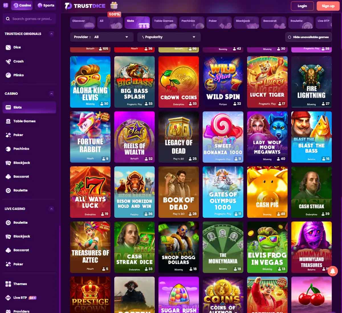 TrustDice Casino desktop slots screenshot displaying full game library with categories, featured slots, and filtering options on widescreen interface - tested