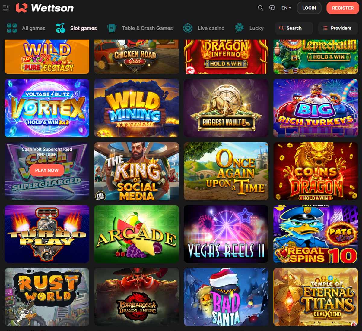 Wettson Casino desktop slots screenshot displaying full game library with categories, featured slots, and filtering options on widescreen interface - tested