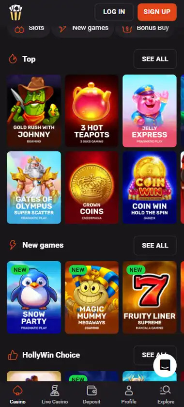Hollywin Casino mobile homepage screenshot showing main lobby with featured games and promotions - Tested Hollywin Casino mobile homepage screenshot showing main lobby with featured games and promotions - Tested