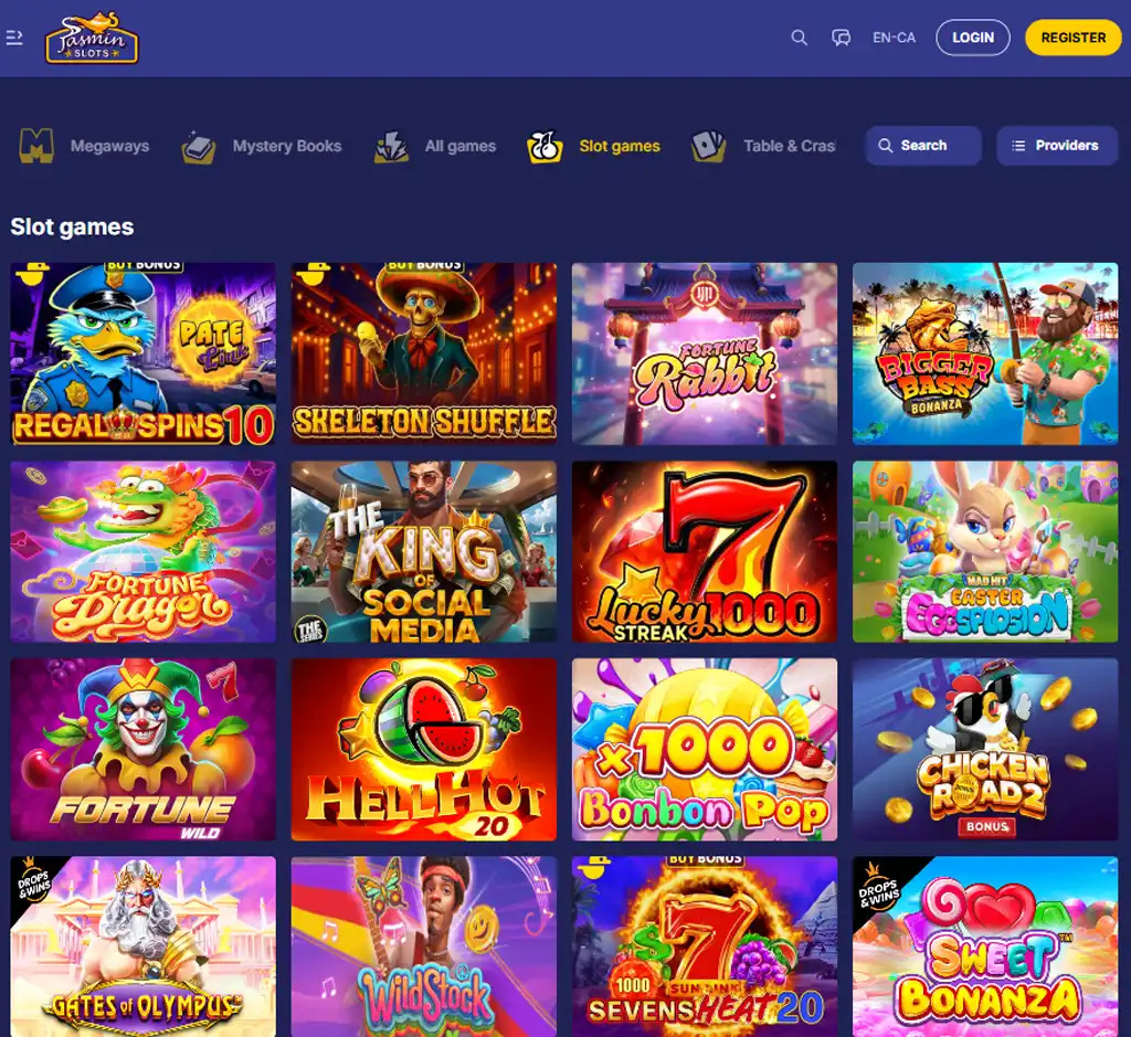 Jasmin Slots desktop slots lobby screenshot presenting variety of slot games with categories and providers - Tested