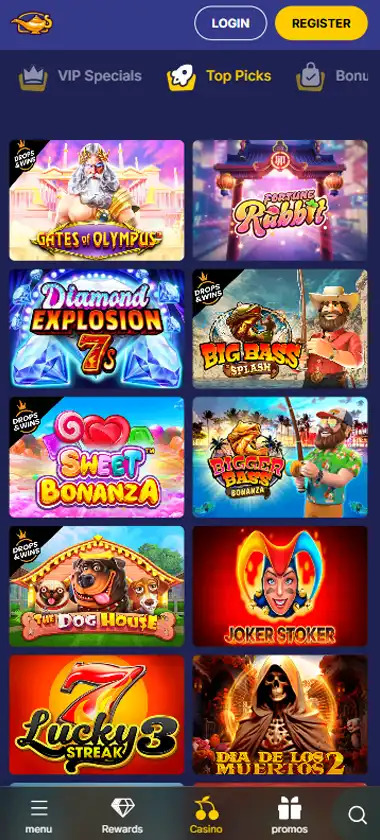 Jasmin Slots mobile top picks interface screenshot showing slot game selection with popular titles and filtering options - Tested