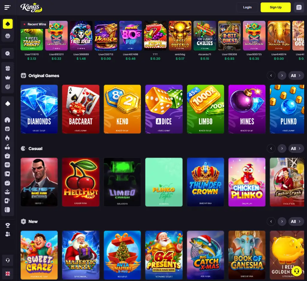 Kings Game Casino desktop homepage screenshot displaying main lobby with featured games, promotions and navigation menu - tested