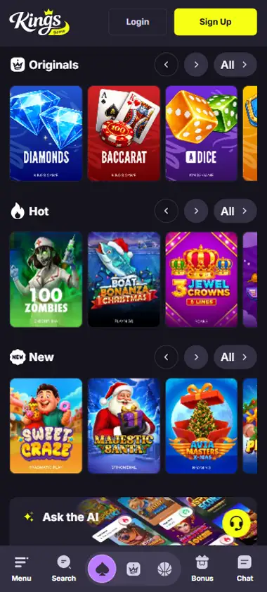 Kings Game Casino mobile homepage screenshot showing main lobby with featured games and promotions - captured during platform testing