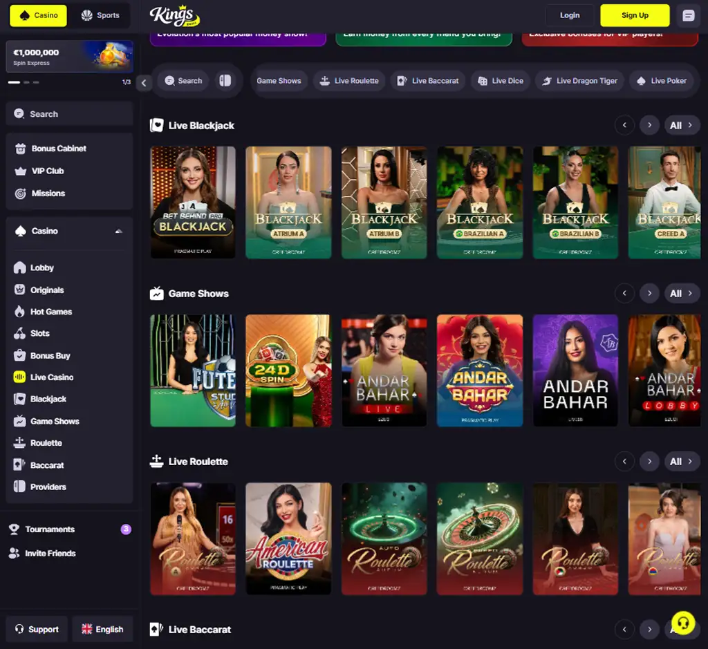 Kings Game Casino desktop live casino lobby screenshot featuring live dealer games and real-time streaming interface - review testing