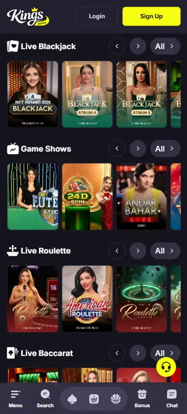 Kings Game Casino mobile live casino interface screenshot showing live dealer tables including blackjack and roulette - tested