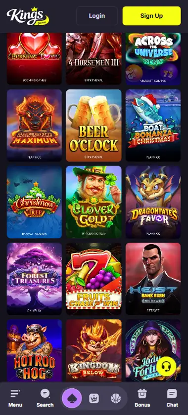 Kings Game Casino mobile slots interface screenshot showing slot game selection with popular titles and filtering options - captured during platform testing