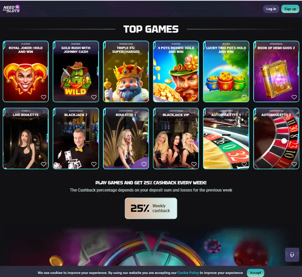 Need for Slots Casino desktop top games category screenshot showcasing trending and recommended slot games - review testing