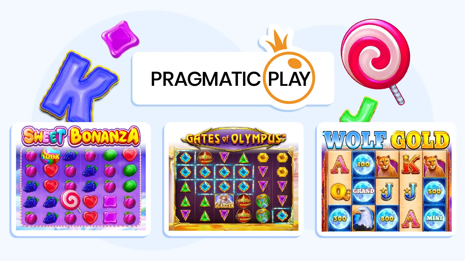 Direct comparison of Pragmatic Play's top slots showing Sweet Bonanza's 96.51% RTP, Gates of Olympus' Greek mythology theme, and Wolf Gold's jackpot system with volatility indicators.