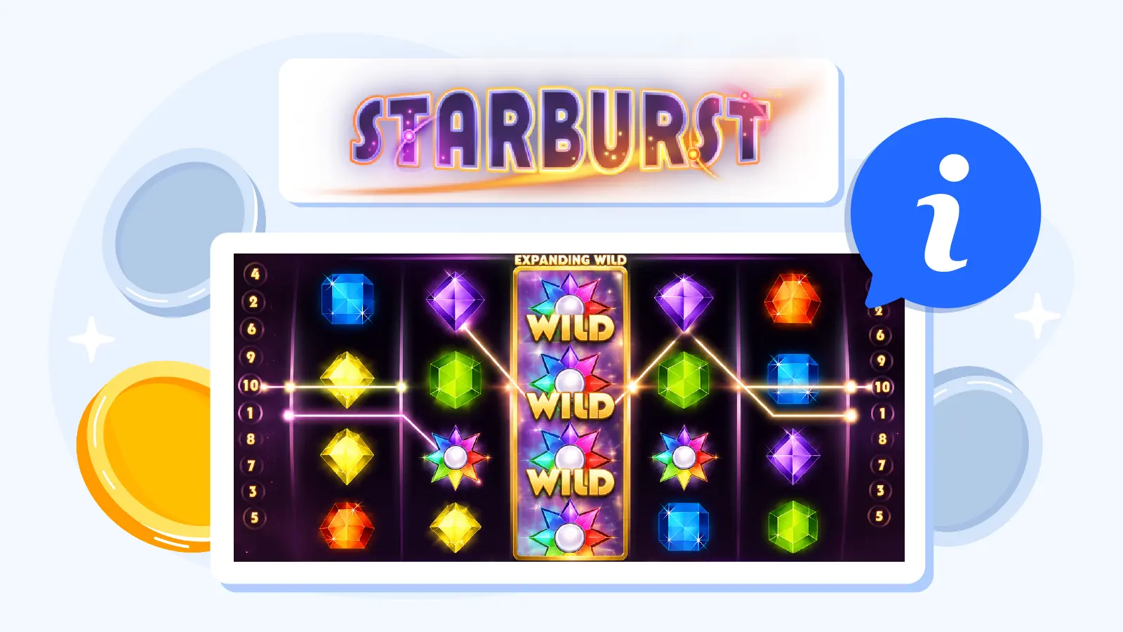 Starburst slot game interface with expanding wilds and both-ways paylines - NetEnt low-volatility pokie example