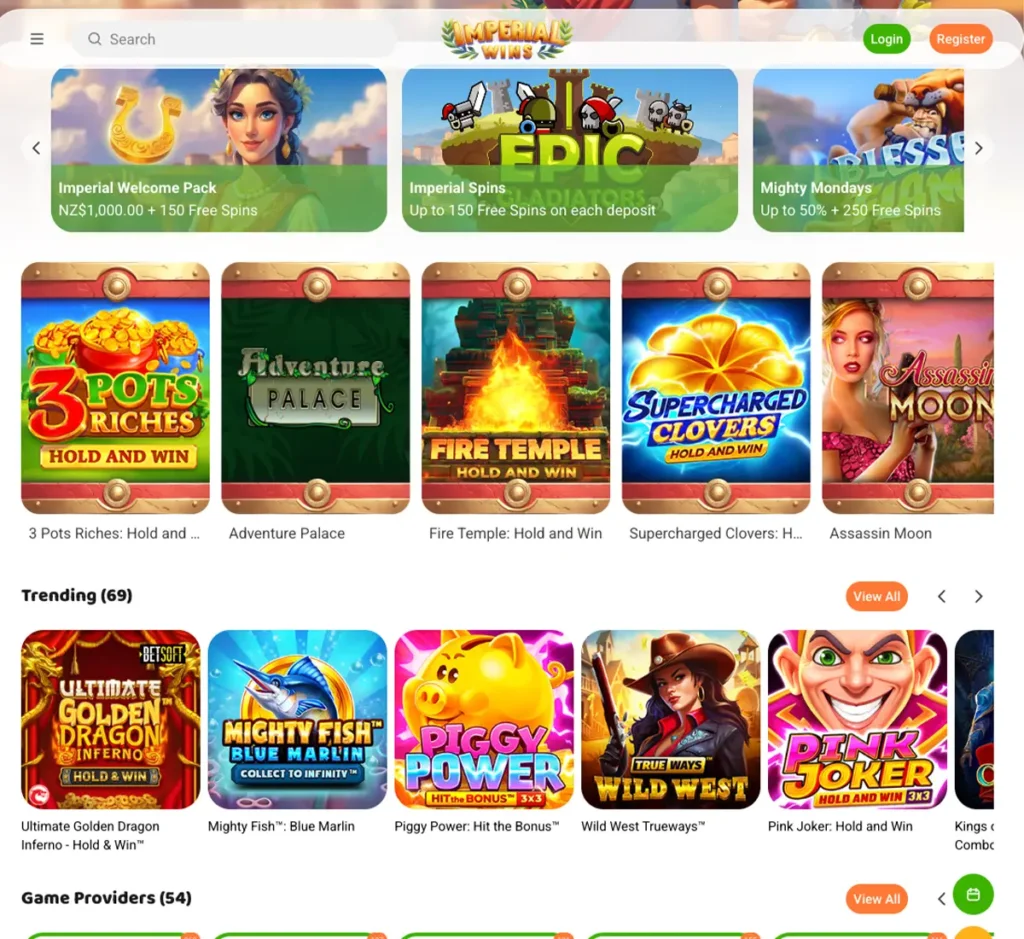 Imperial Wins Casino desktop homepage screenshot displaying hero banners, navigation menu, featured games, and promotional sections on widescreen interface - tested Imperial Wins Casino desktop homepage screenshot displaying hero banners, navigation menu, featured games, and promotional sections on widescreen interface - tested