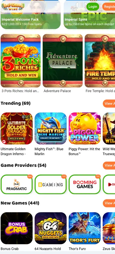 Imperial Wins Casino mobile homepage screenshot showing hero banners, navigation menu, featured games, and promotional sections on smartphone interface - tested