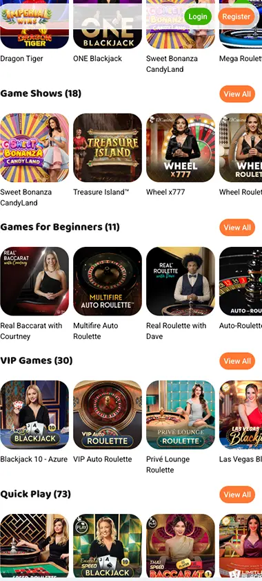 Imperial Wins Casino mobile live casino screenshot showing live dealer tables, game thumbnails, and lobby navigation on smartphone interface - tested