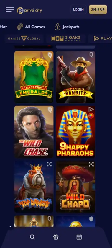 Prive City Casino mobile slots interface screenshot showing slot game selection with popular titles and filtering options - captured during platform testing