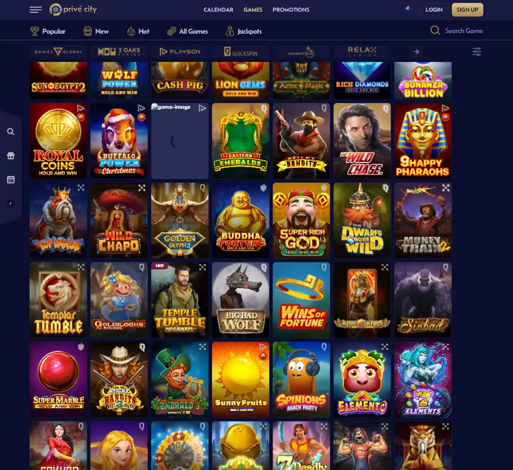 Prive City Casino desktop slots lobby screenshot presenting variety of slot games with categories and providers - tested