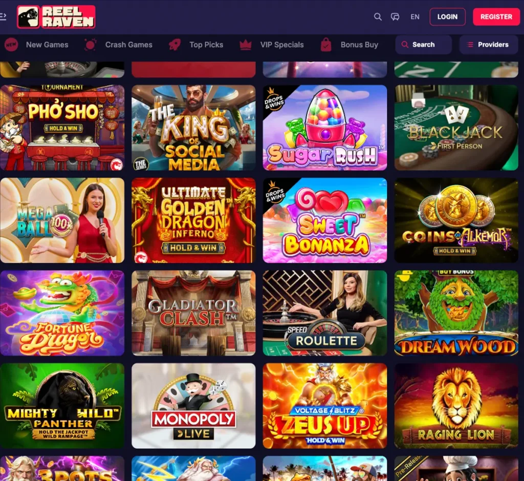 ReelRaven Casino desktop homepage screenshot displaying hero banners, navigation menu, featured games, and promotional sections on widescreen interface - tested
