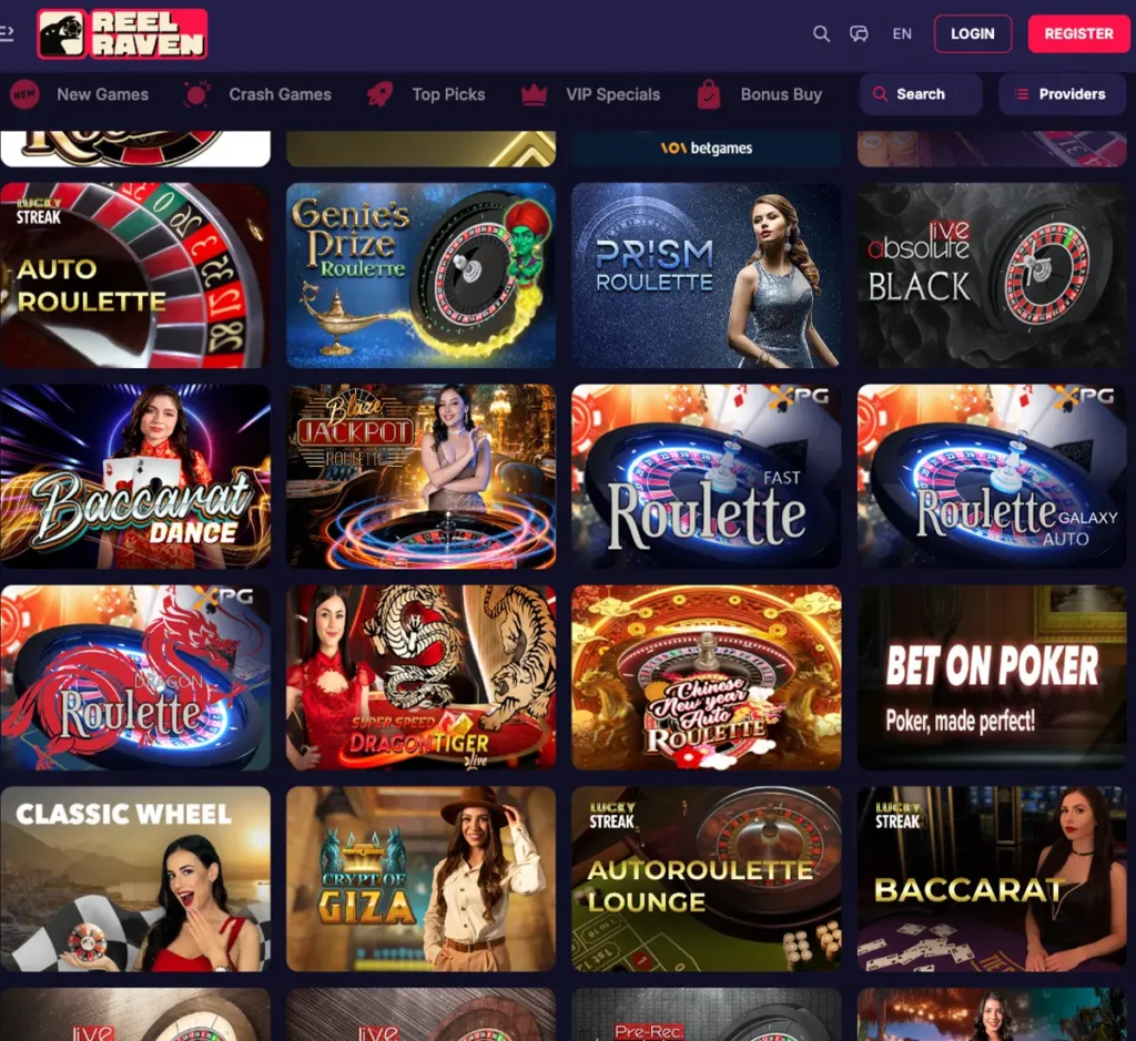 ReelRaven Casino desktop live casino screenshot displaying live dealer tables, streaming interface, and game selection grid on widescreen layout - tested