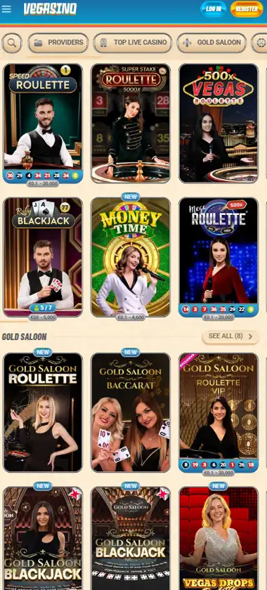 Vegasino Casino mobile live casino screenshot showing live dealer tables, game thumbnails, and lobby navigation on smartphone interface - tested