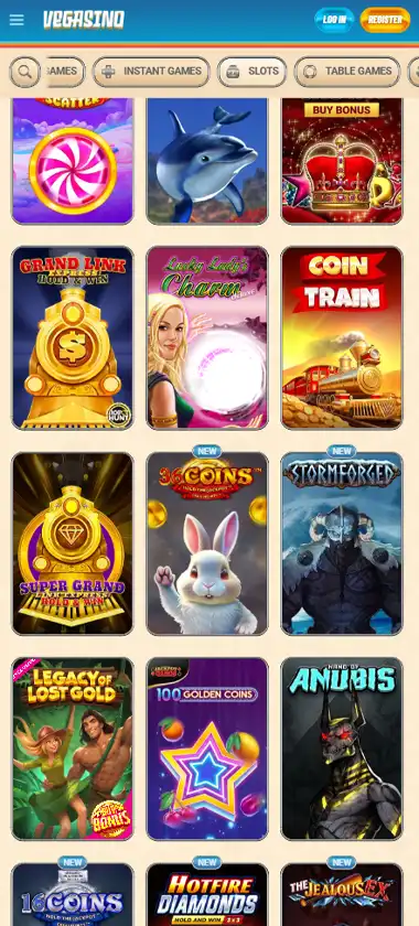 Vegasino Casino mobile slots screenshot showing slot game library with featured titles, categories, and scrollable navigation on smartphone interface - tested