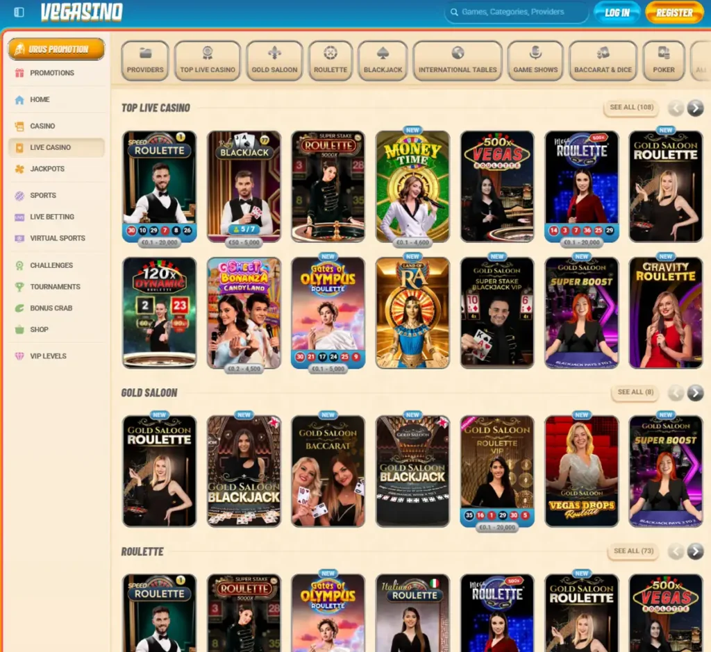 Vegasino Casino desktop live casino screenshot displaying live dealer tables, streaming interface, and game selection grid on widescreen layout - tested