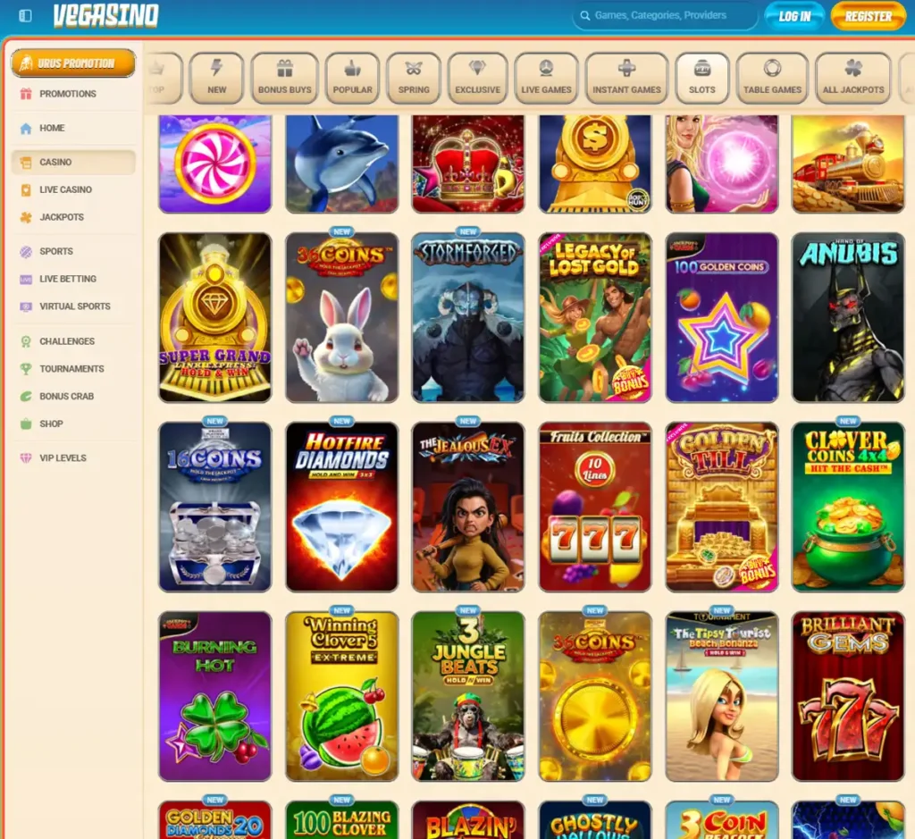 Vegasino Casino desktop slots screenshot displaying full game library with categories, featured slots, and filtering options on widescreen interface - tested