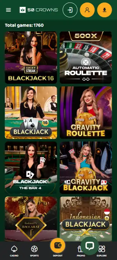 50 Crowns Casino mobile live casino interface screenshot showing live dealer tables including blackjack and roulette - tested