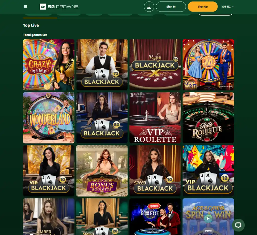50 Crowns Casino desktop live casino lobby screenshot featuring live dealer games and real-time streaming interface - review testing