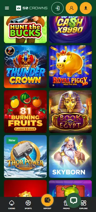 50 Crowns Casino mobile slots interface screenshot showing slot game selection with popular titles and filtering options - captured during platform testing