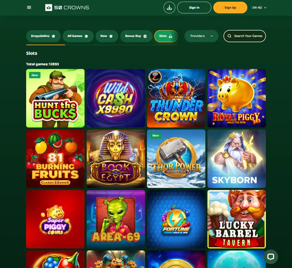 50 Crowns Casino desktop slots lobby screenshot presenting variety of slot games with categories and providers - verified