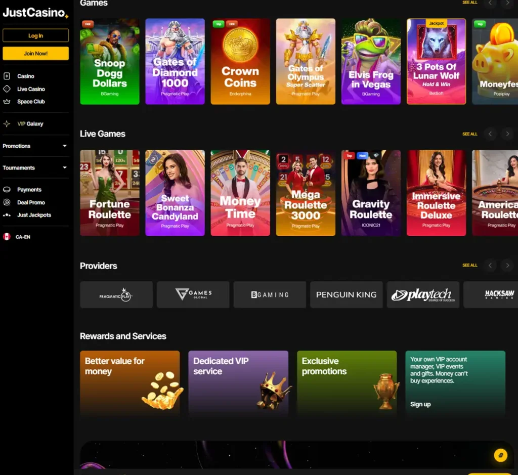 Just Casino desktop homepage screenshot displaying main casino lobby with featured games, promotions and navigation menu - tested