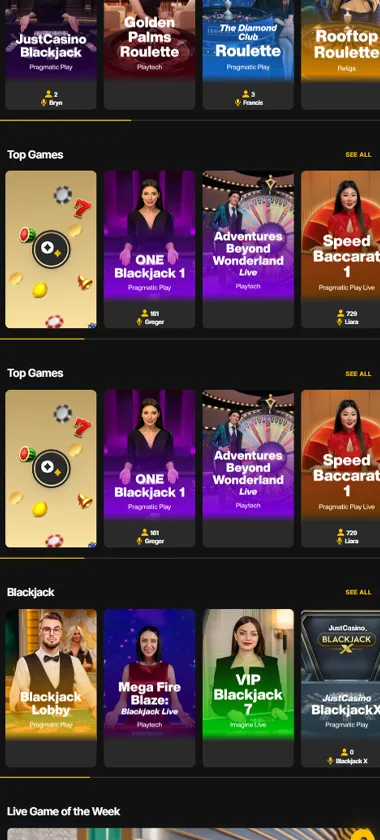 Just Casino mobile live casino interface screenshot showing live dealer tables including blackjack and roulette - tested