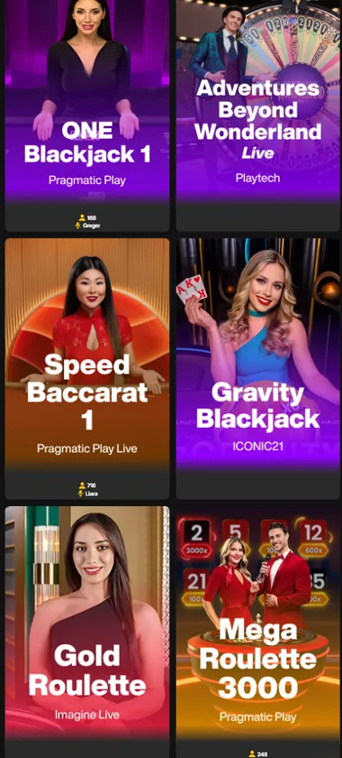 Just Casino mobile live casino interface screenshot showing live dealer tables including blackjack and roulette - tested
