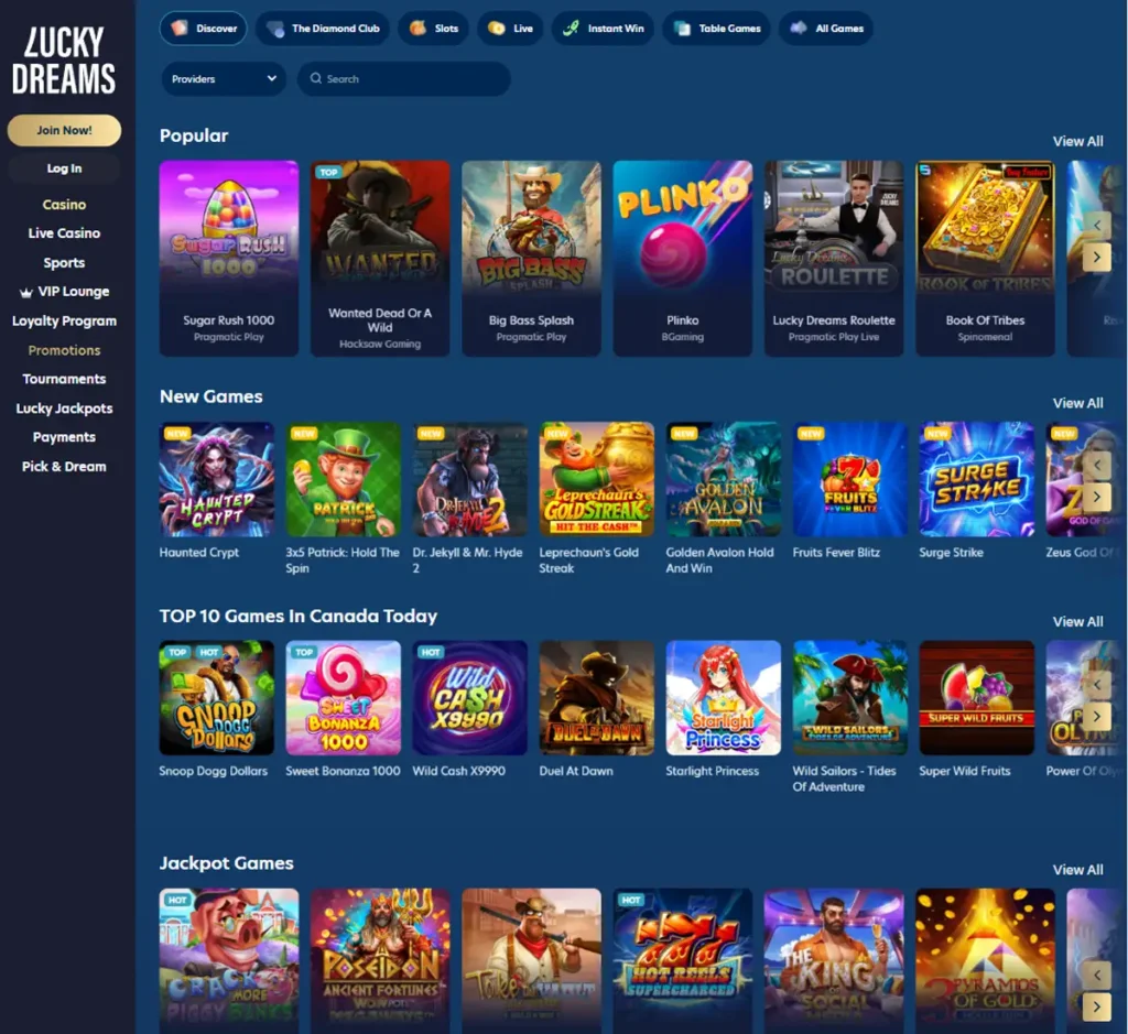 Lucky Dreams Casino desktop homepage screenshot displaying main casino lobby with featured games, promotions and navigation menu - tested