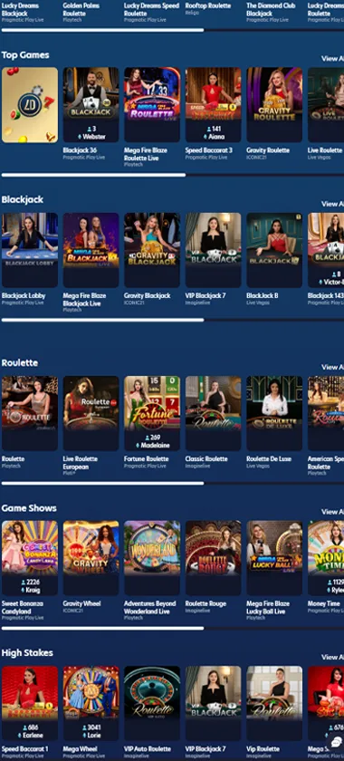 Lucky Dreams Casino mobile live casino interface screenshot showing live dealer tables including blackjack and roulette - tested