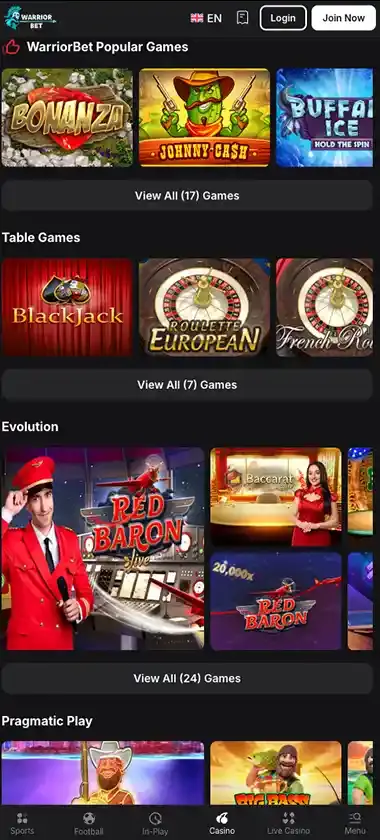 Warrior Bet Casino mobile homepage screenshot showing main casino lobby with featured games and promotions - captured during platform testing Warrior Bet Casino mobile homepage screenshot showing main casino lobby with featured games and promotions - captured during platform testing