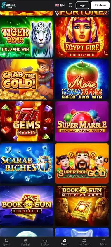 Warrior Bet Casino mobile slots interface screenshot showing slot game selection with popular titles and filtering options - captured during platform testing