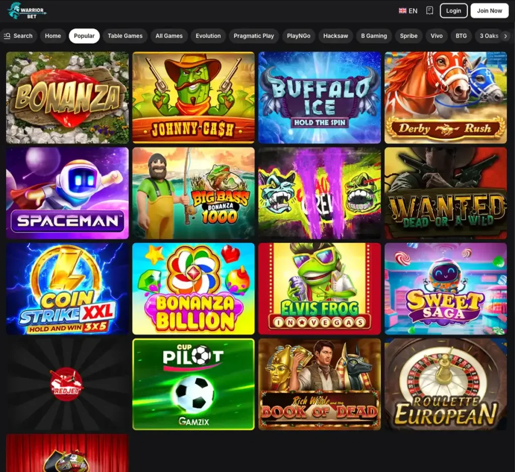 Warrior Bet Casino desktop popular games section screenshot displaying featured slot titles, jackpots and player favorites - tested Warrior Bet Casino desktop popular games section screenshot displaying featured slot titles, jackpots and player favorites - tested