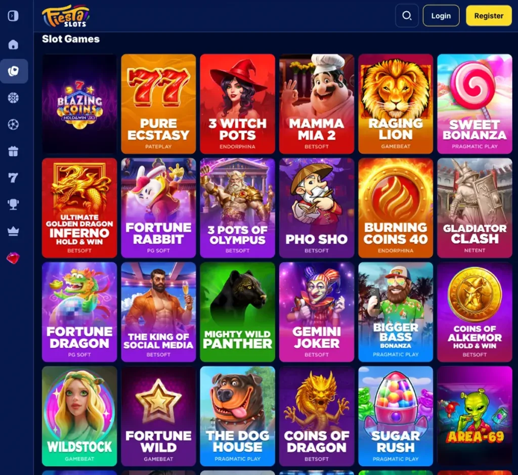 Fiesta Slots Casino desktop slots lobby screenshot presenting variety of slot games with categories and providers - tested