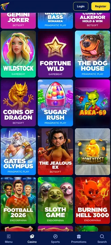 Fiesta Slots Casino mobile slots interface screenshot showing slot game selection with popular titles and filtering options - tested