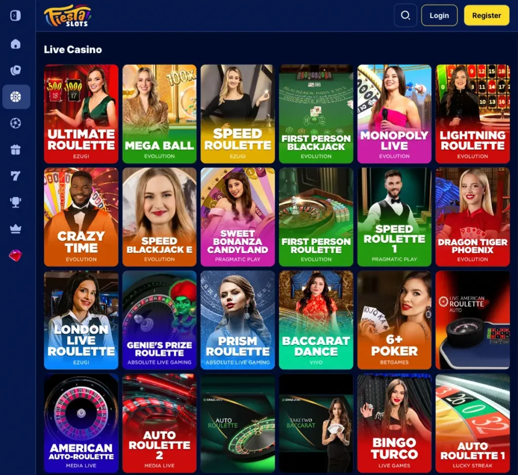 Fiesta Slots Casino desktop live casino lobby screenshot featuring live dealer games and real-time streaming interface - review testing