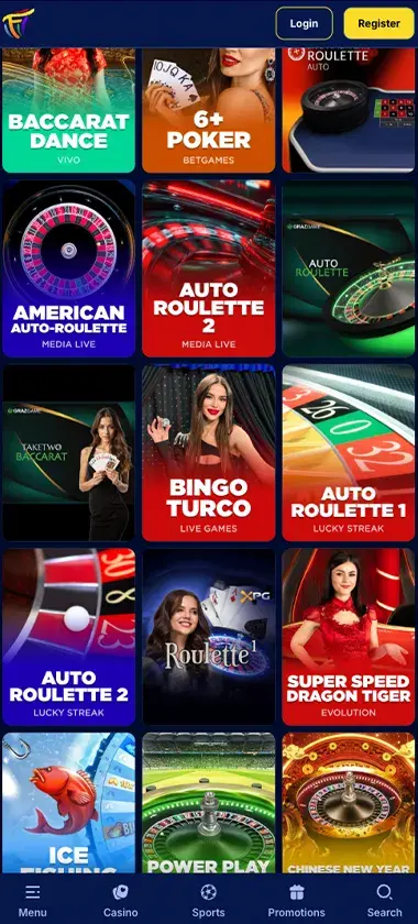 Fiesta Slots Casino mobile live casino interface screenshot showing live dealer tables including blackjack and roulette - tested