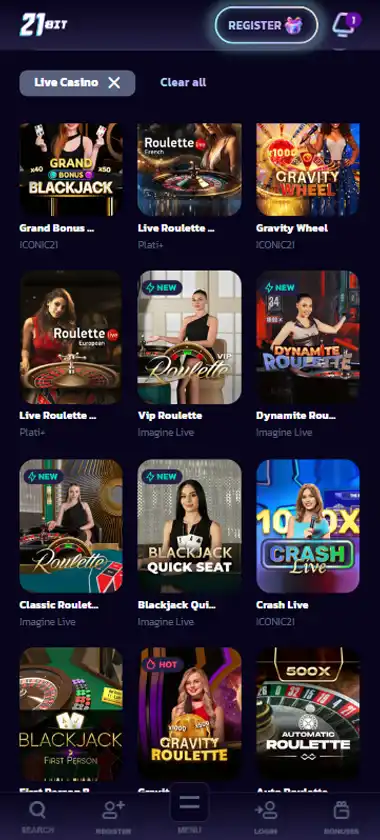 21 Bit Casino mobile live casino interface screenshot showing live dealer tables including blackjack and roulette - Tested 21 Bit Casino mobile live casino interface screenshot showing live dealer tables including blackjack and roulette - Tested