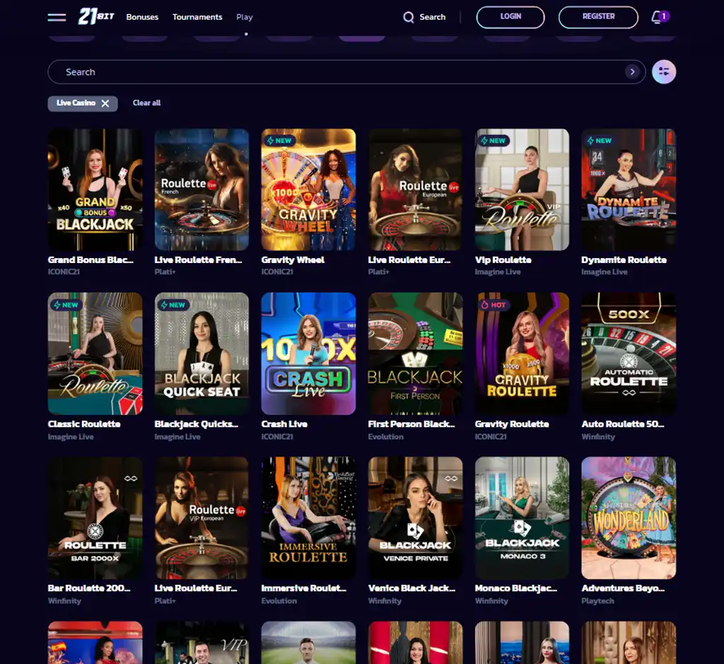 21 Bit Casino desktop live casino lobby screenshot featuring live dealer games and real-time streaming interface - review testing