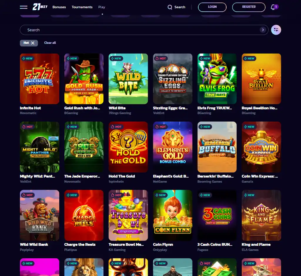 21 Bit Casino desktop popular games section screenshot displaying featured slot titles, jackpots and player favorites - tested
