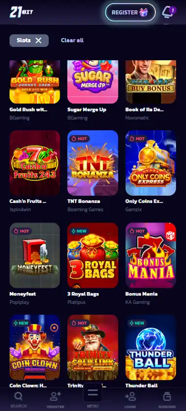 21 Bit Casino mobile slots interface screenshot showing slot game selection with popular titles and filtering options - Tested 21 Bit Casino mobile slots interface screenshot showing slot game selection with popular titles and filtering options - Tested