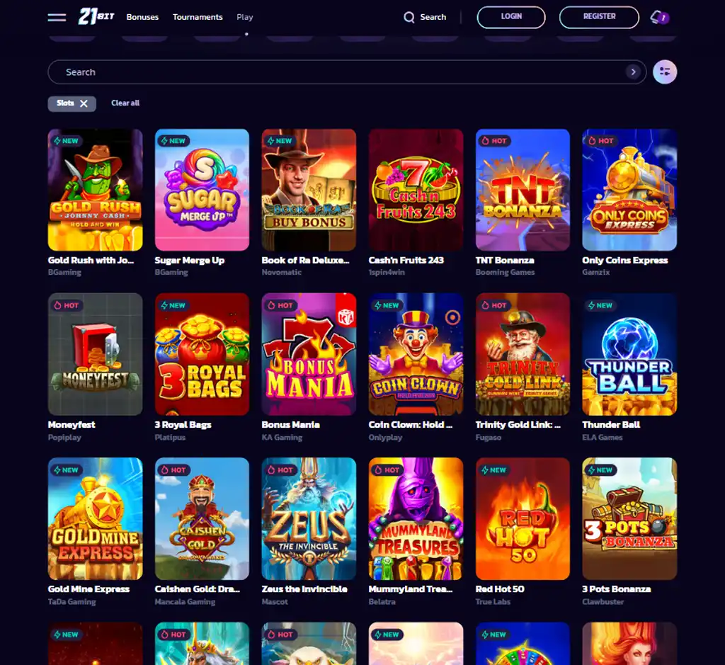 21 Bit Casino desktop slots lobby screenshot presenting variety of slot games with categories and providers - Tested 21 Bit Casino desktop slots lobby screenshot presenting variety of slot games with categories and providers - Tested